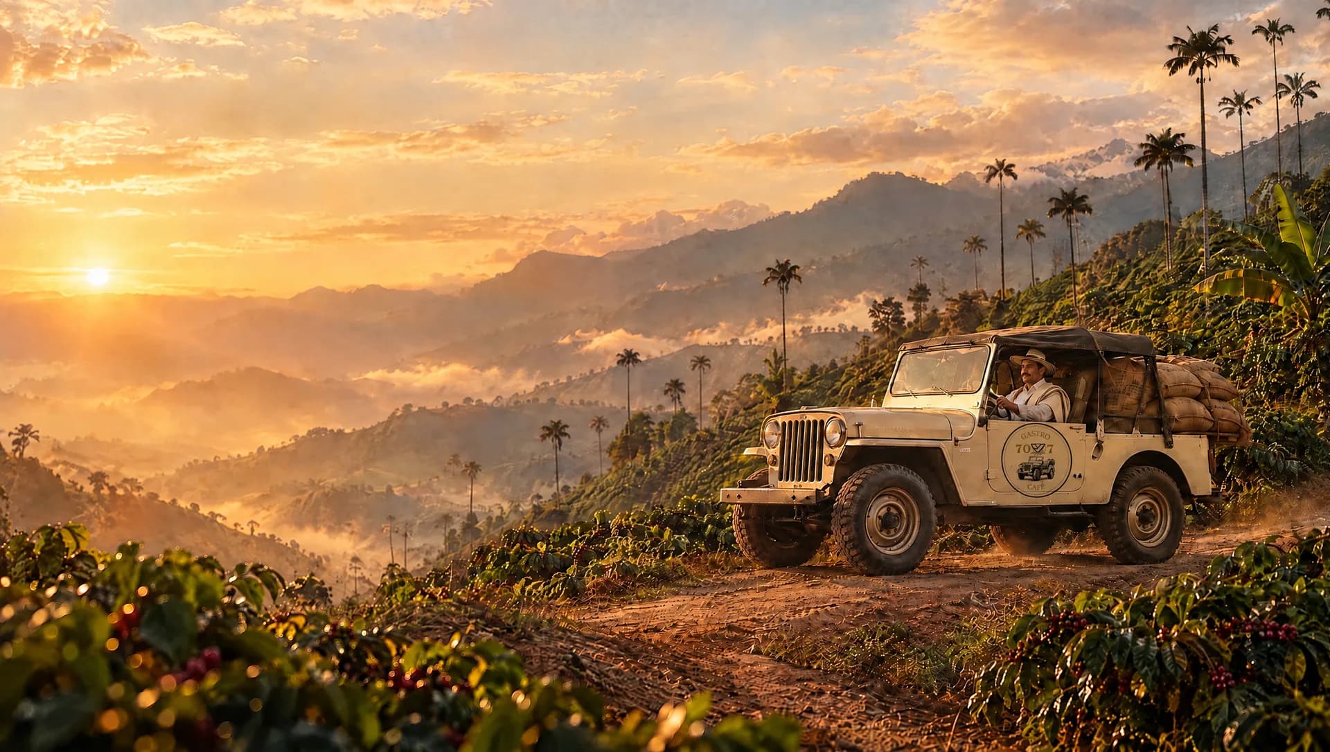 Un caficultor con sombrero aguadeño maneja un Willys cargado de bultos de café entre cafetales al atardecer