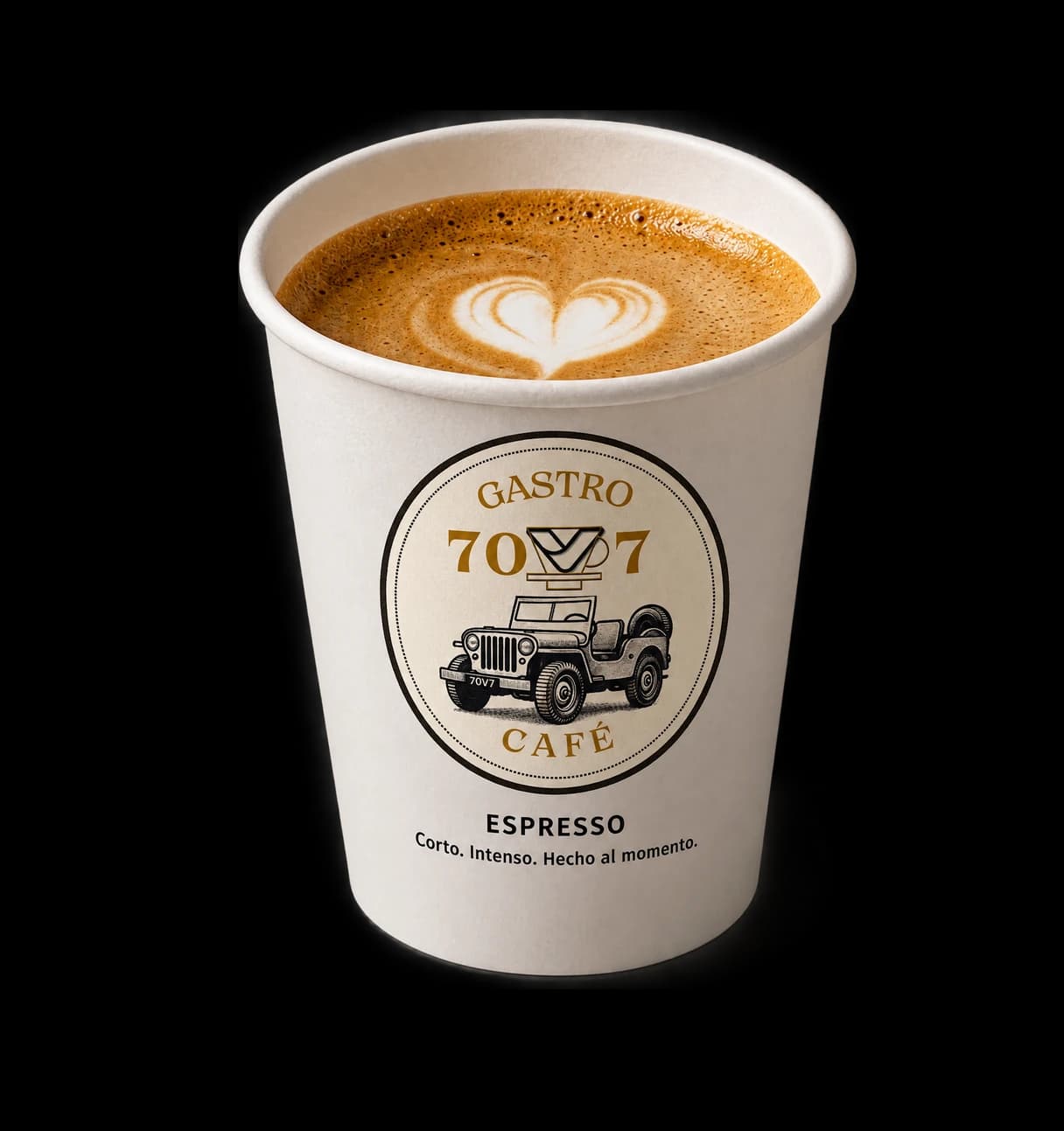 Un espresso en vaso de papel con el logo de Gastro 70V7