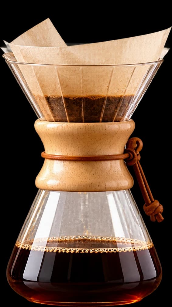 Una Chemex con cuello de madera y filtro de papel